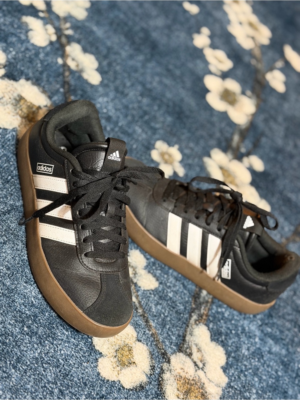 adidas Black Sneakers with White Stripes and Gum Sole (Women) 8